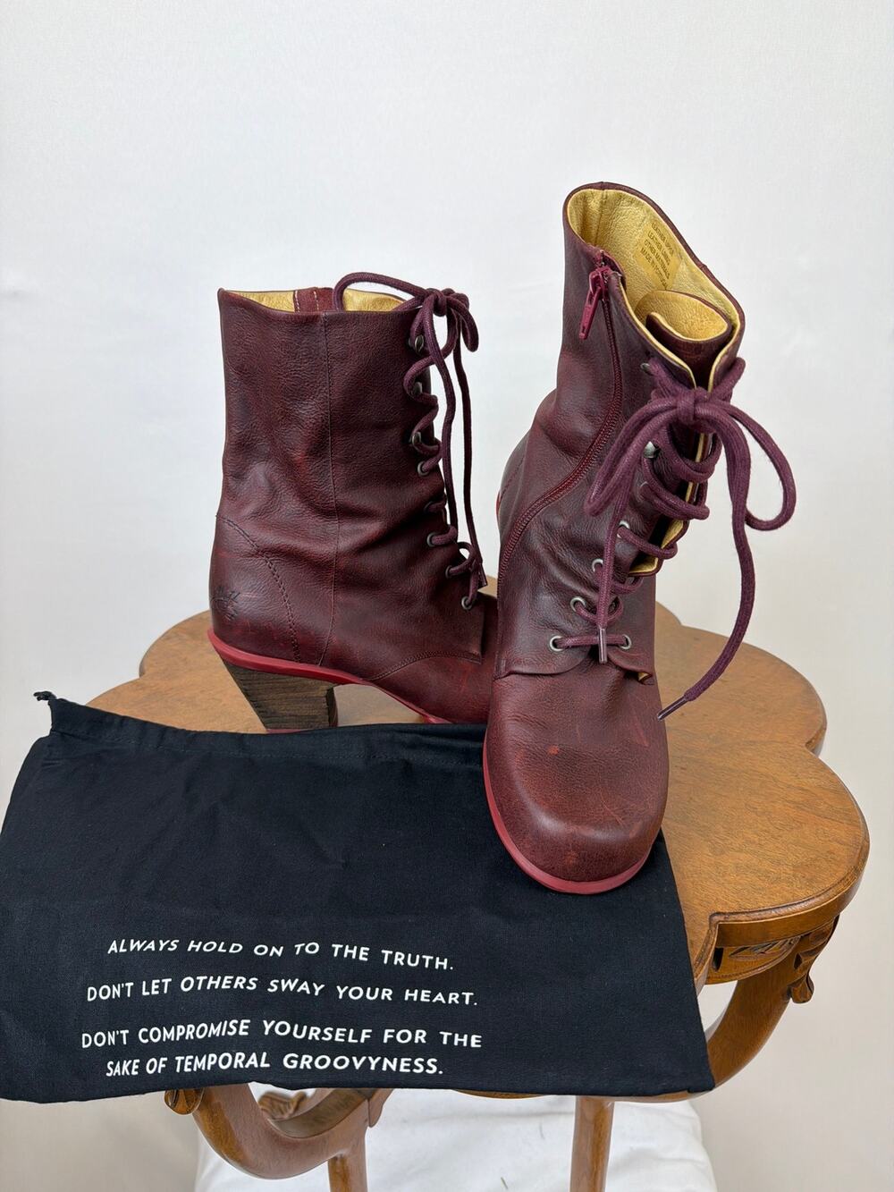 John Fluevog Burgundy Leather Lace Up Side Zip 3 Inch Heel Boots Womens 11
